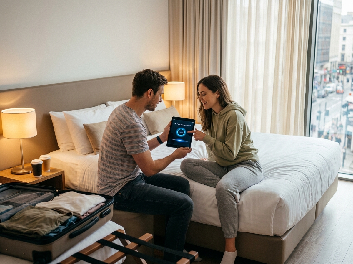 Couple de voyageurs consultant un assistant virtuel sur tablette dans leur chambre d'hôtel