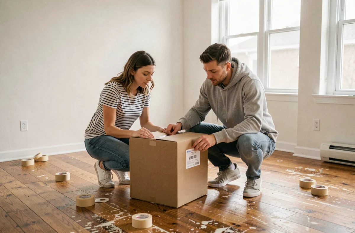 Couple collant une étiquette avec leur nouvelle adresse sur un carton lors d'un déménagement dans un appartement vide