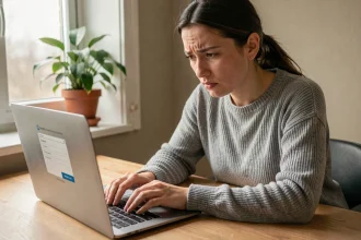 Femme utilisant un ordinateur portable pour créer un compte Yahoo, bloquée lors de l'inscription