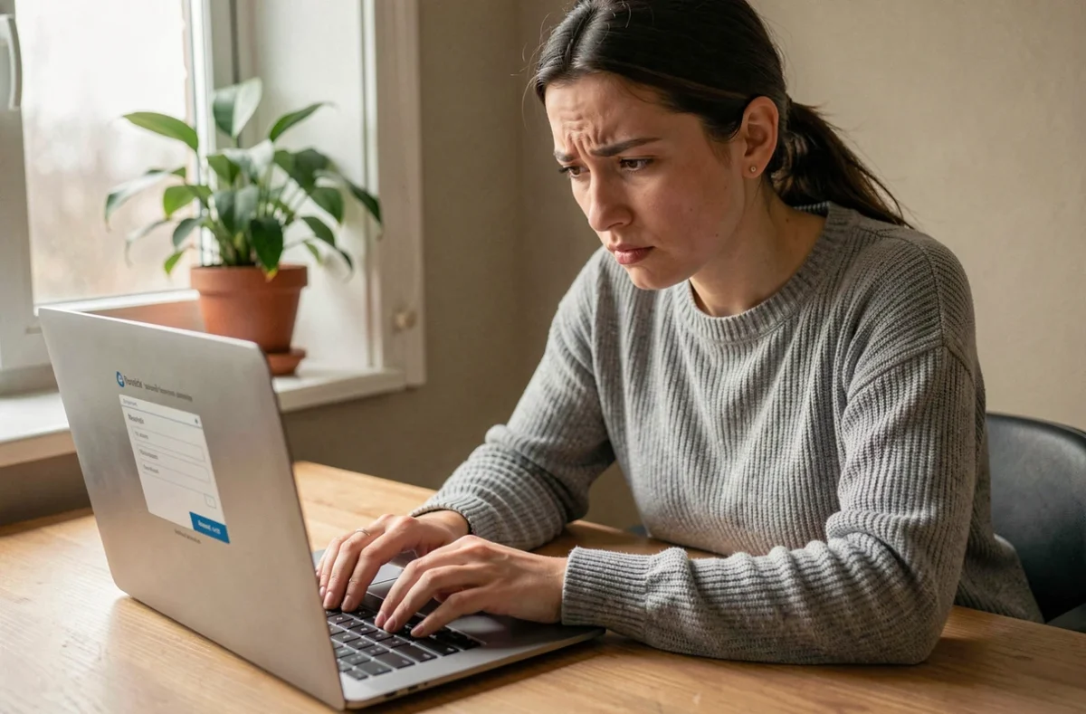 Femme utilisant un ordinateur portable pour créer un compte Yahoo, bloquée lors de l'inscription