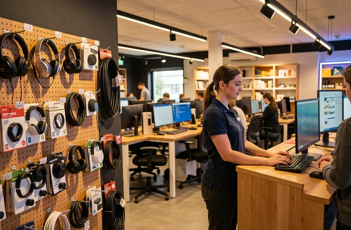 Espace multiservice Le Cyber S@lon Nantais à Nantes avec une zone de vente de périphériques et des postes informatiques en arrière-plan