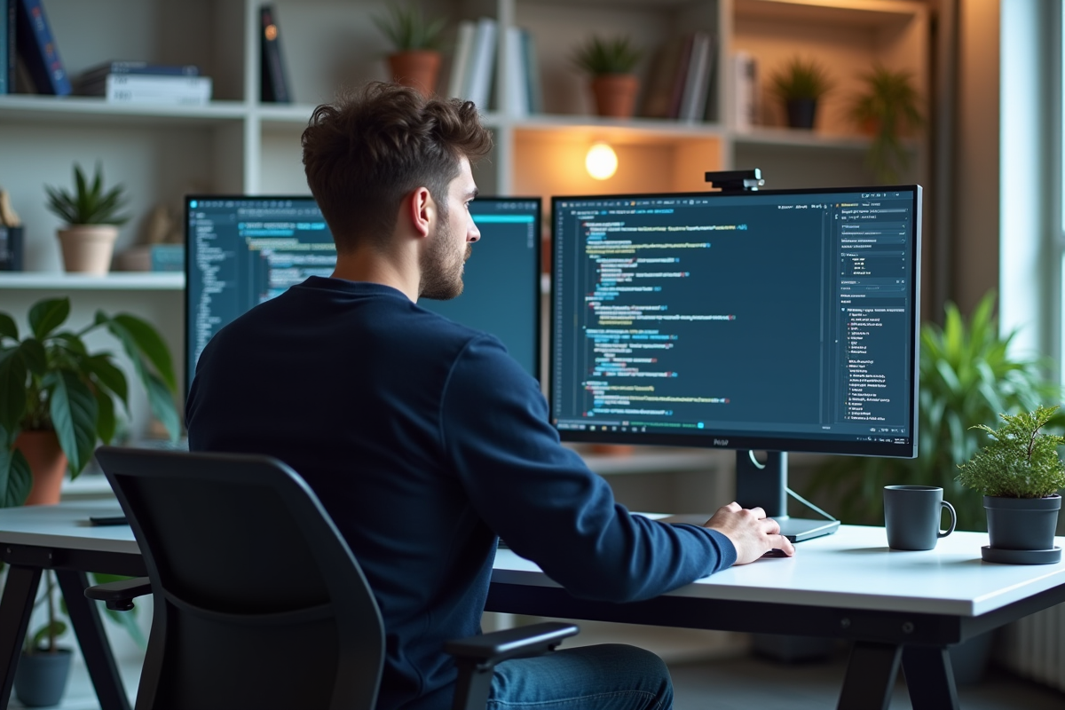 Jeune developpeur logiciel travaillant sur un écran API