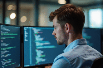 Jeune homme en code informatique dans un bureau moderne