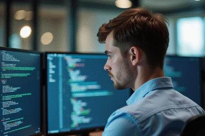 Jeune homme en code informatique dans un bureau moderne