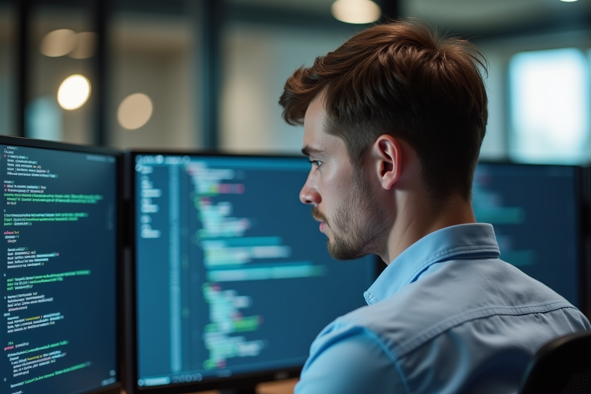 Jeune homme en code informatique dans un bureau moderne