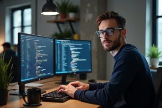 Développeur web masculin codant une fiche produit HTML sur double écran dans un bureau moderne