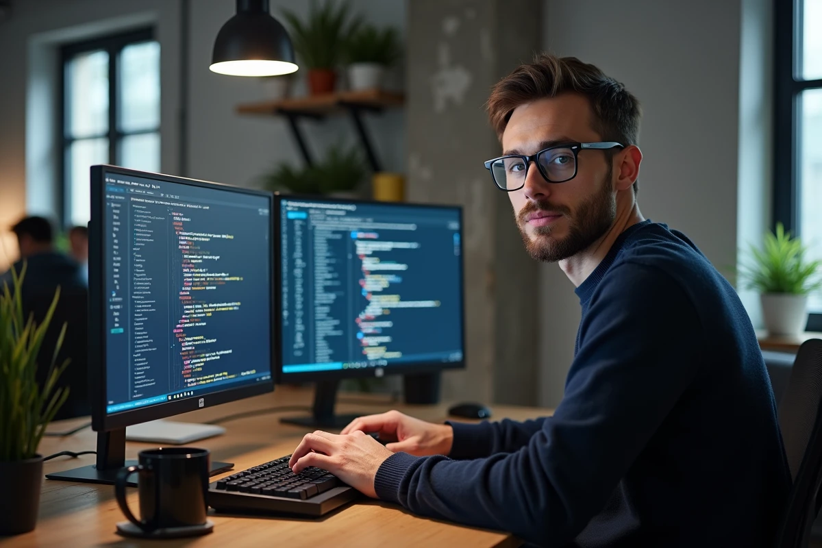 Développeur web masculin codant une fiche produit HTML sur double écran dans un bureau moderne
