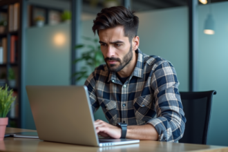 Jeune developpeur en bureau moderne travaillant sur son ordinateur