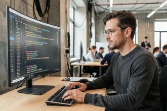 Développeur Python au bureau analysant des données JSON sur un écran ultrawide dans un bureau moderne