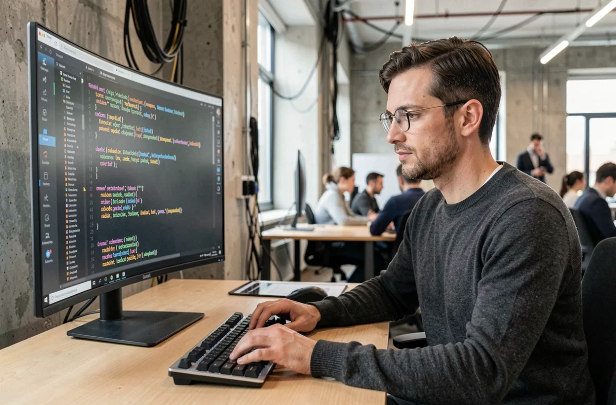 Développeur Python au bureau analysant des données JSON sur un écran ultrawide dans un bureau moderne