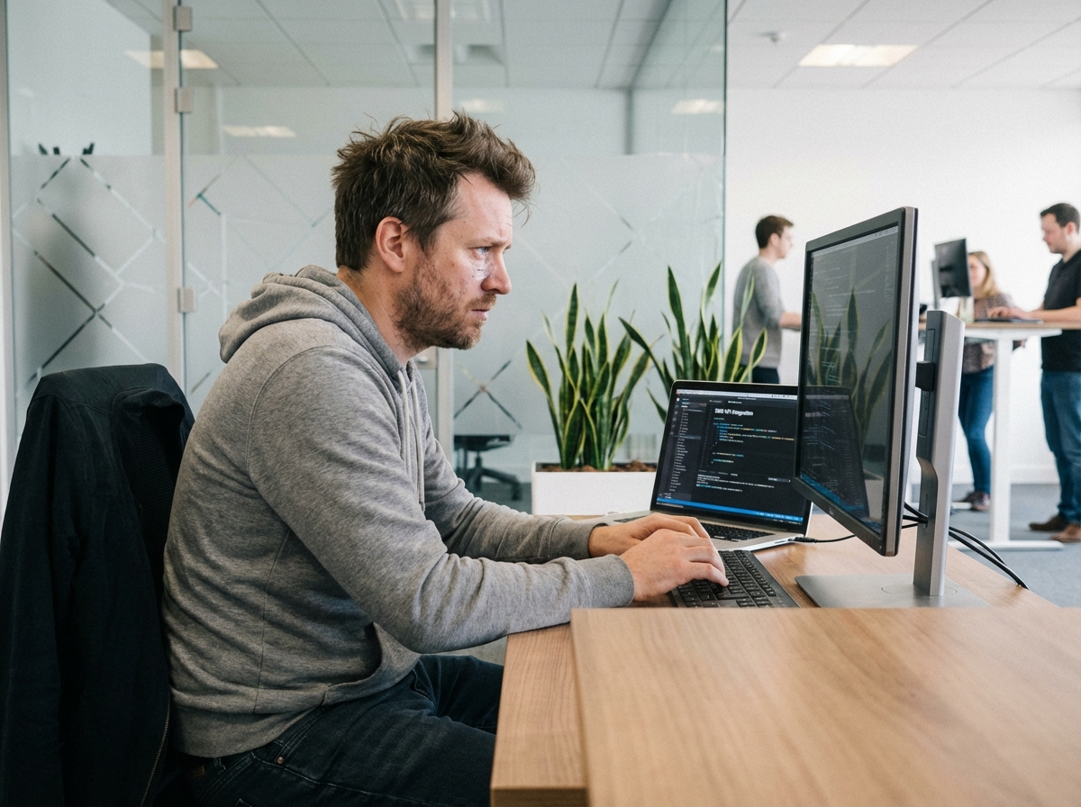 Développeur logiciel en bureau moderne intégrant une API SMS