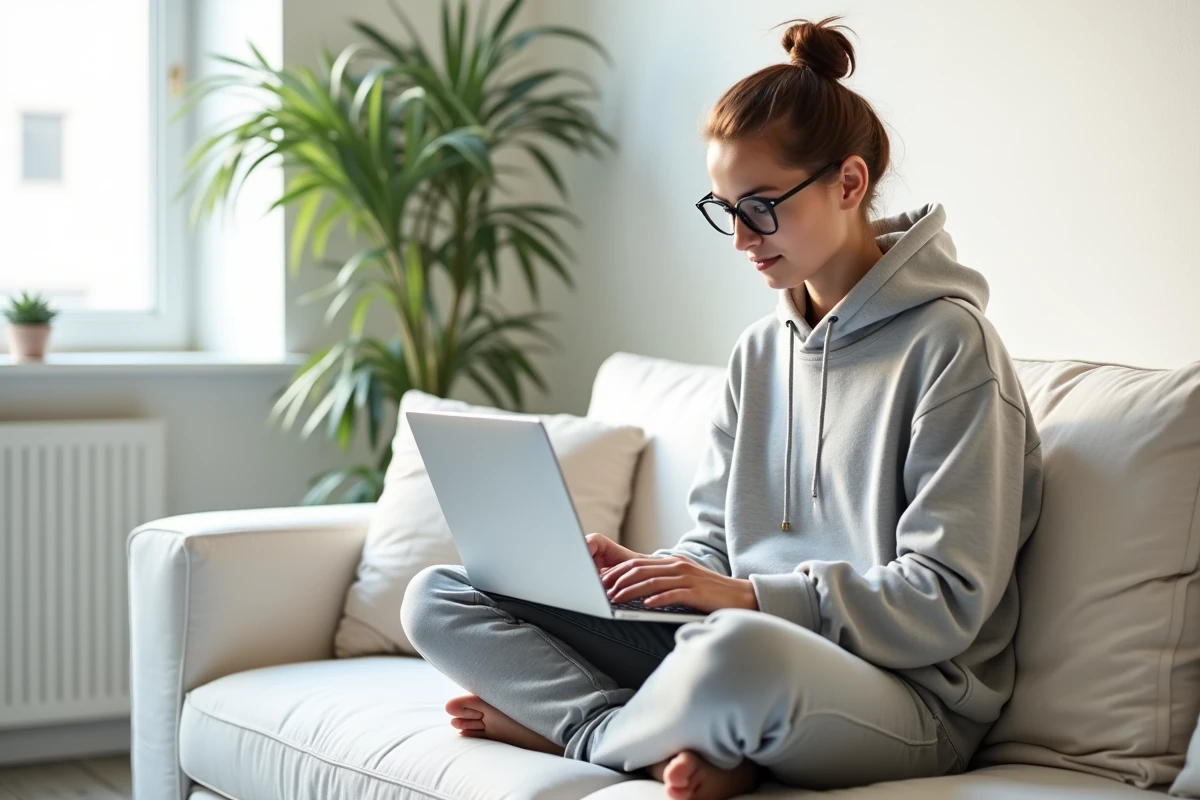 Développeuse e-commerce travaillant sur une maquette HTML de panier d'achat depuis son domicile