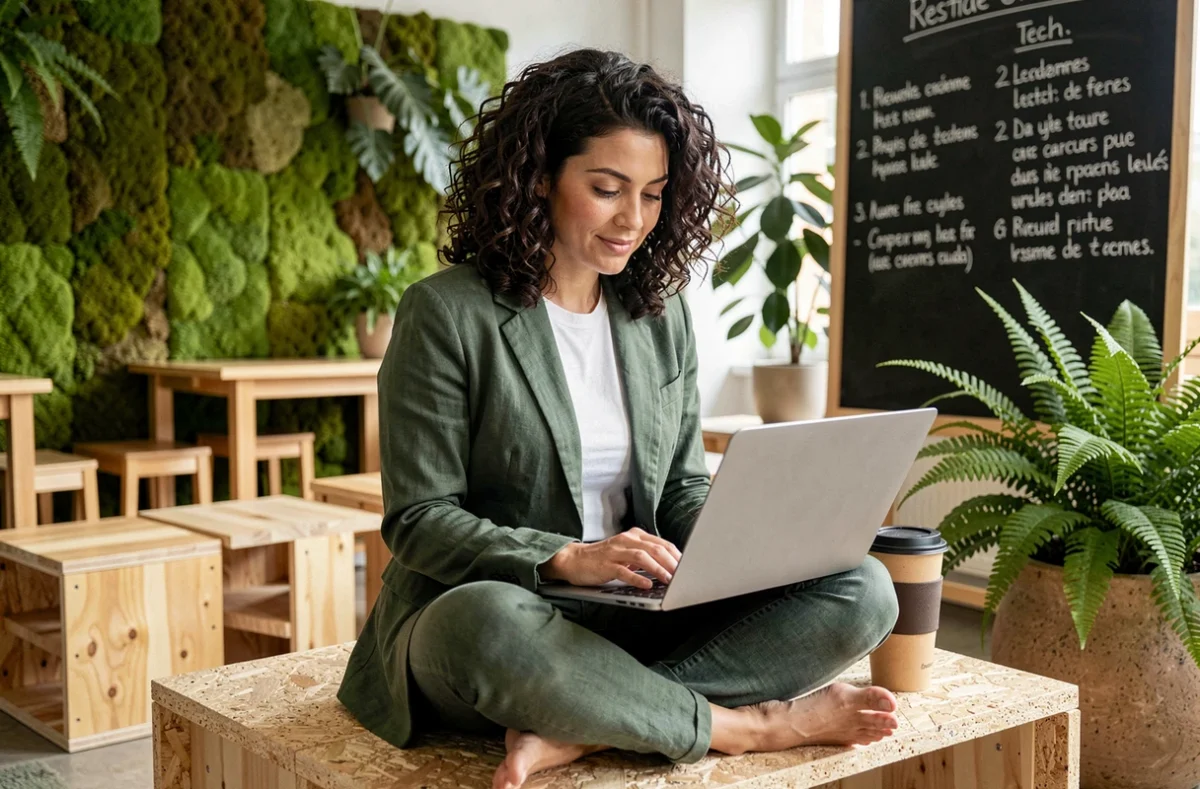 Professionnelle dans un espace de coworking éco-responsable à Rennes travaillant sur le développement responsable et l'IA pour Digital4Better