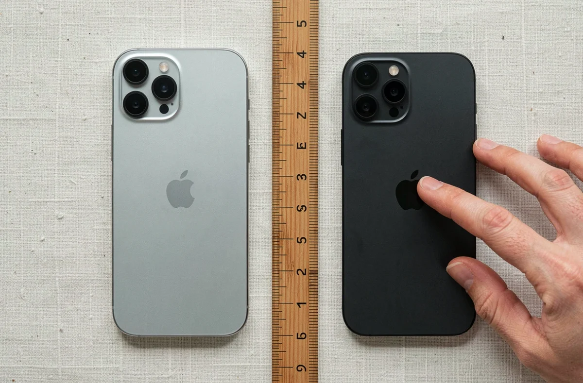 Vue aérienne comparant les dimensions exactes de l'iPhone 15 Plus et de l'iPhone 15 posés sur du lin avec une règle en bois