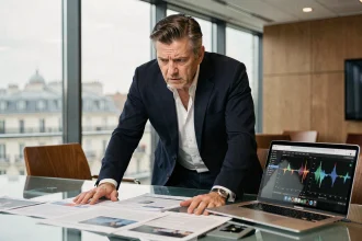 Dirigeant de label musical stressé face aux fuites de musique non autorisées dans un bureau parisien moderne