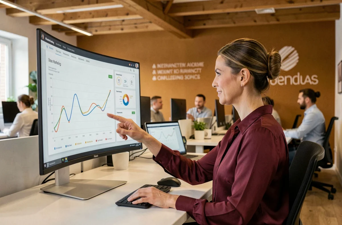 Professionnelle du marketing analysant des données clients et des insights IA sur un écran incurvé dans un bureau moderne à Rennes pour Dolmen Technologies