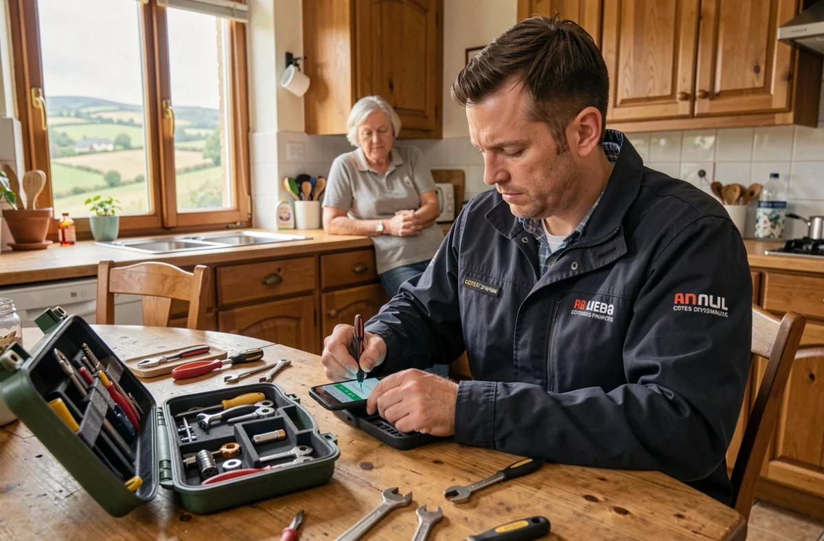 Technicien DomicilePhone réparant un smartphone au domicile d'un client dans les Côtes-d'Armor avec une trousse à outils portable