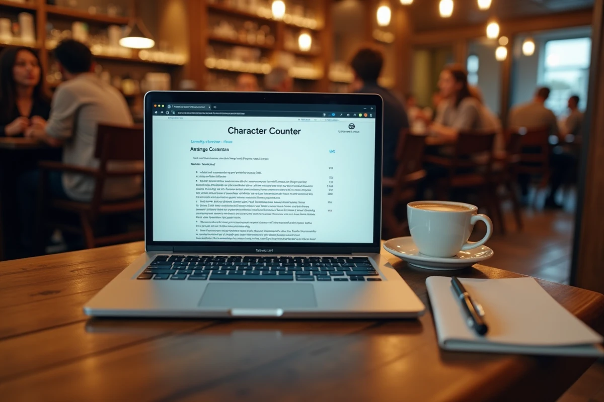Écran d'ordinateur affichant un compteur de caractères en ligne posé sur une table de café avec un carnet et un expresso