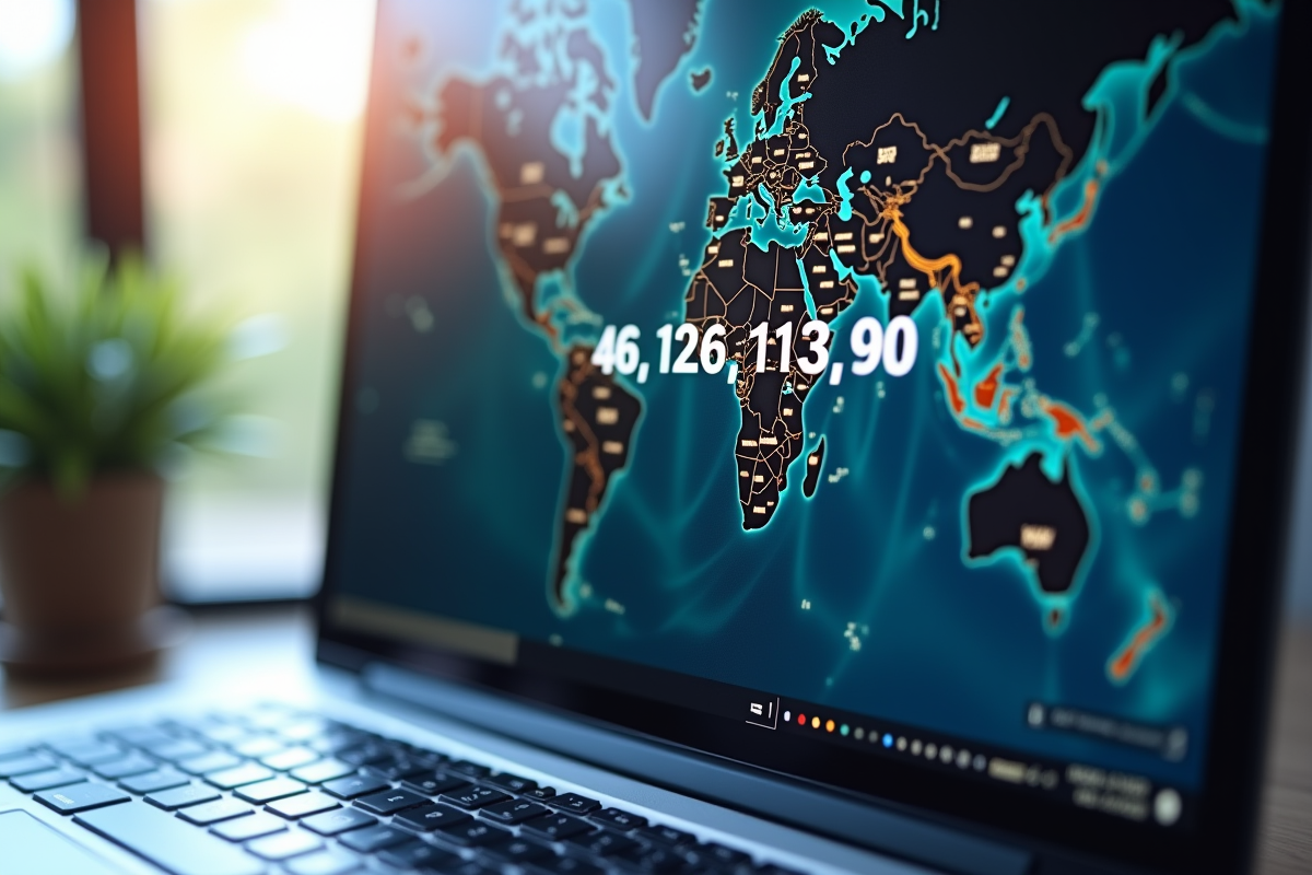 Ecran d'ordinateur affichant une recherche d'IP avec une carte du monde