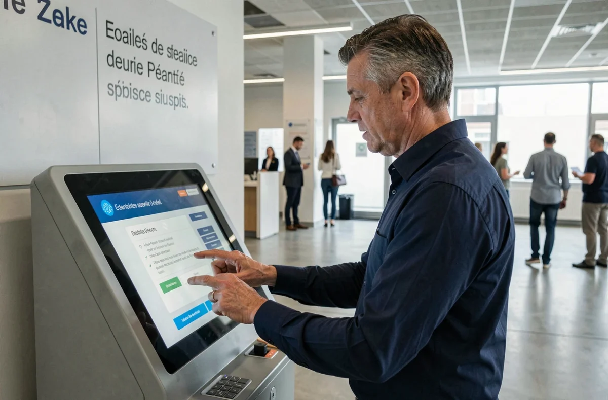 Homme activant ses documents personnels sur une borne numérique administrative dans un espace public français