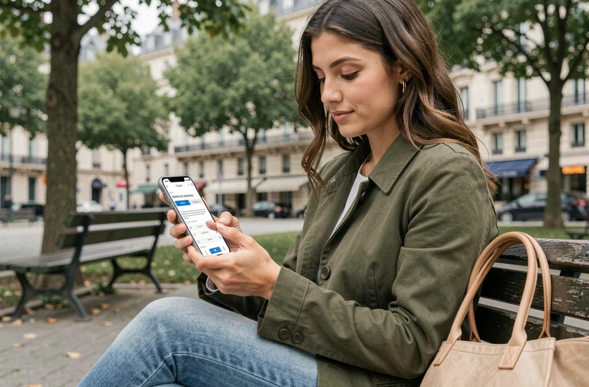 Jeune femme consultant l'application EDocPerso sur smartphone dans un parc urbain en France