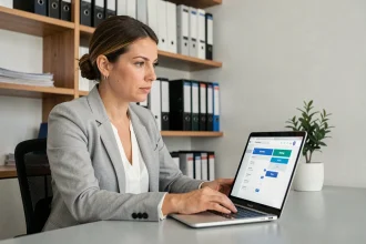 Femme utilisant le portail EDocPerso sur un ordinateur portable dans un bureau à domicile moderne en 2026