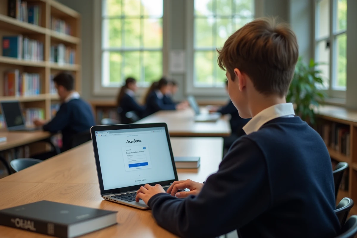 Adolescent utilise un ordinateur dans la bibliothèque scolaire