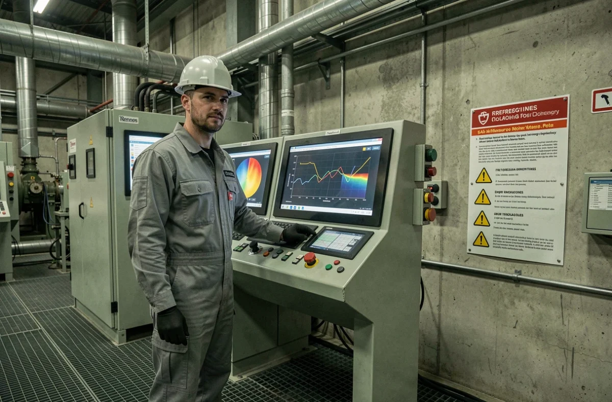 Ingénieur industriel devant une console de surveillance IA pour l'optimisation de l'efficacité énergétique dans une usine à Rennes pour Energiency