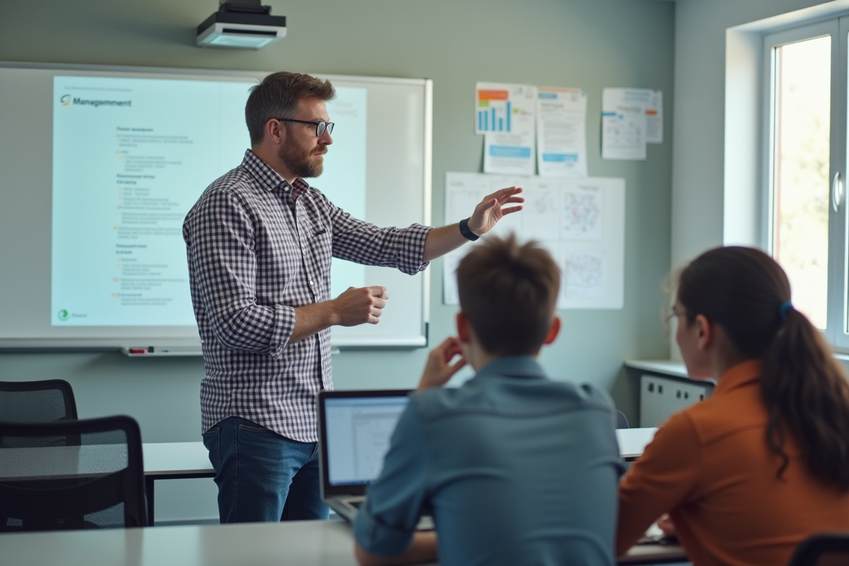 Professeur montrant un tableau numérique aux élèves