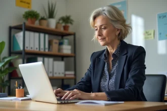 Professeure d'âge moyen travaillant sur son ordinateur dans un bureau scolaire