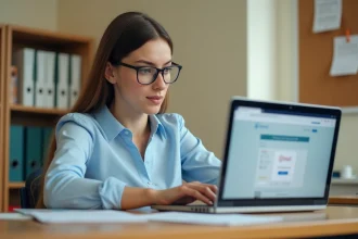 Enseignante connectée à sa messagerie académique sur un ordinateur portable dans la salle des professeurs
