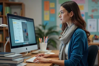 Jeune enseignante consulte le webmail Académie de Montpellier