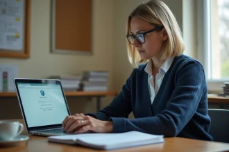 Enseignante connectée à son webmail académique sur un ordinateur portable dans une salle des professeurs