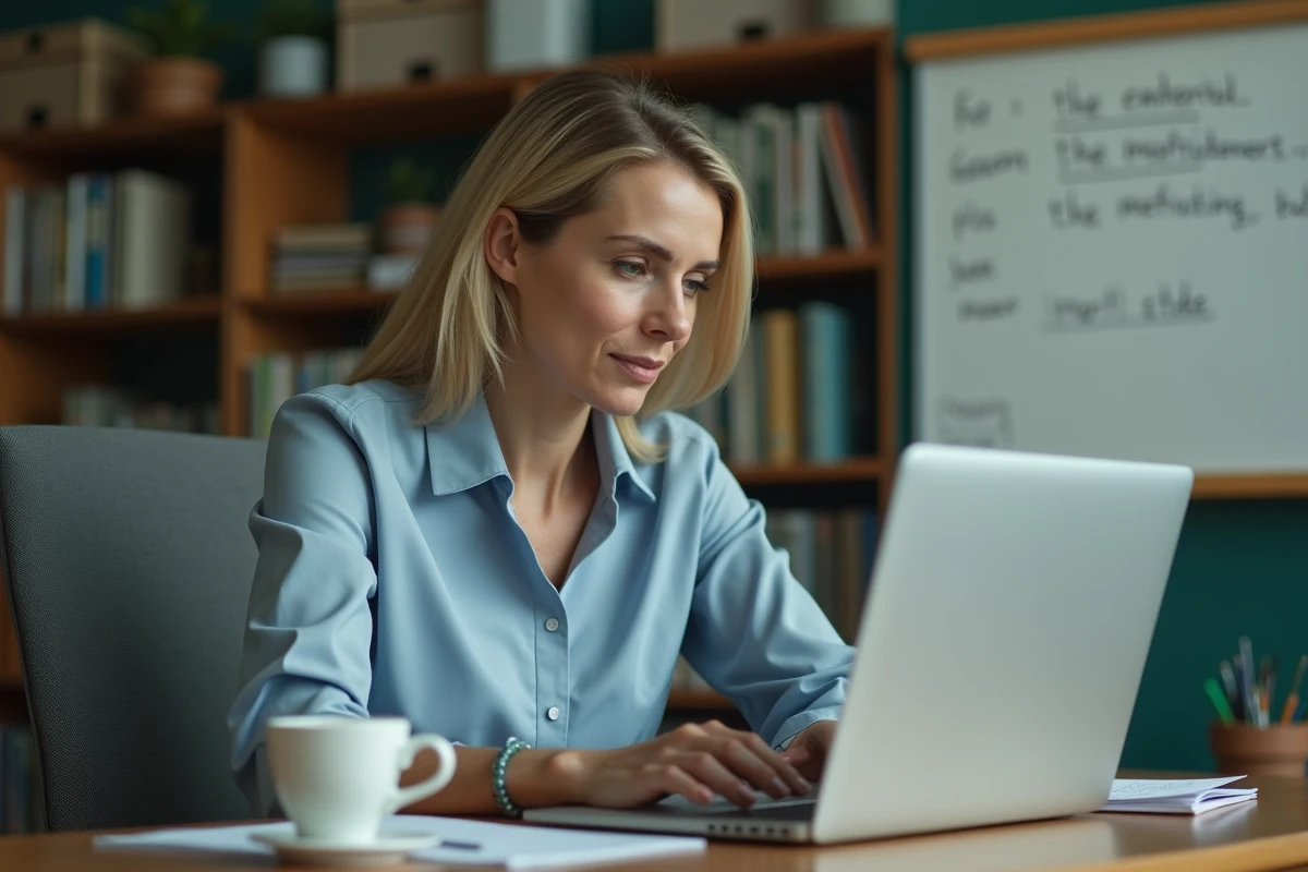 Enseignante consultant sa messagerie académique webmail sur un ordinateur portable dans une salle des professeurs
