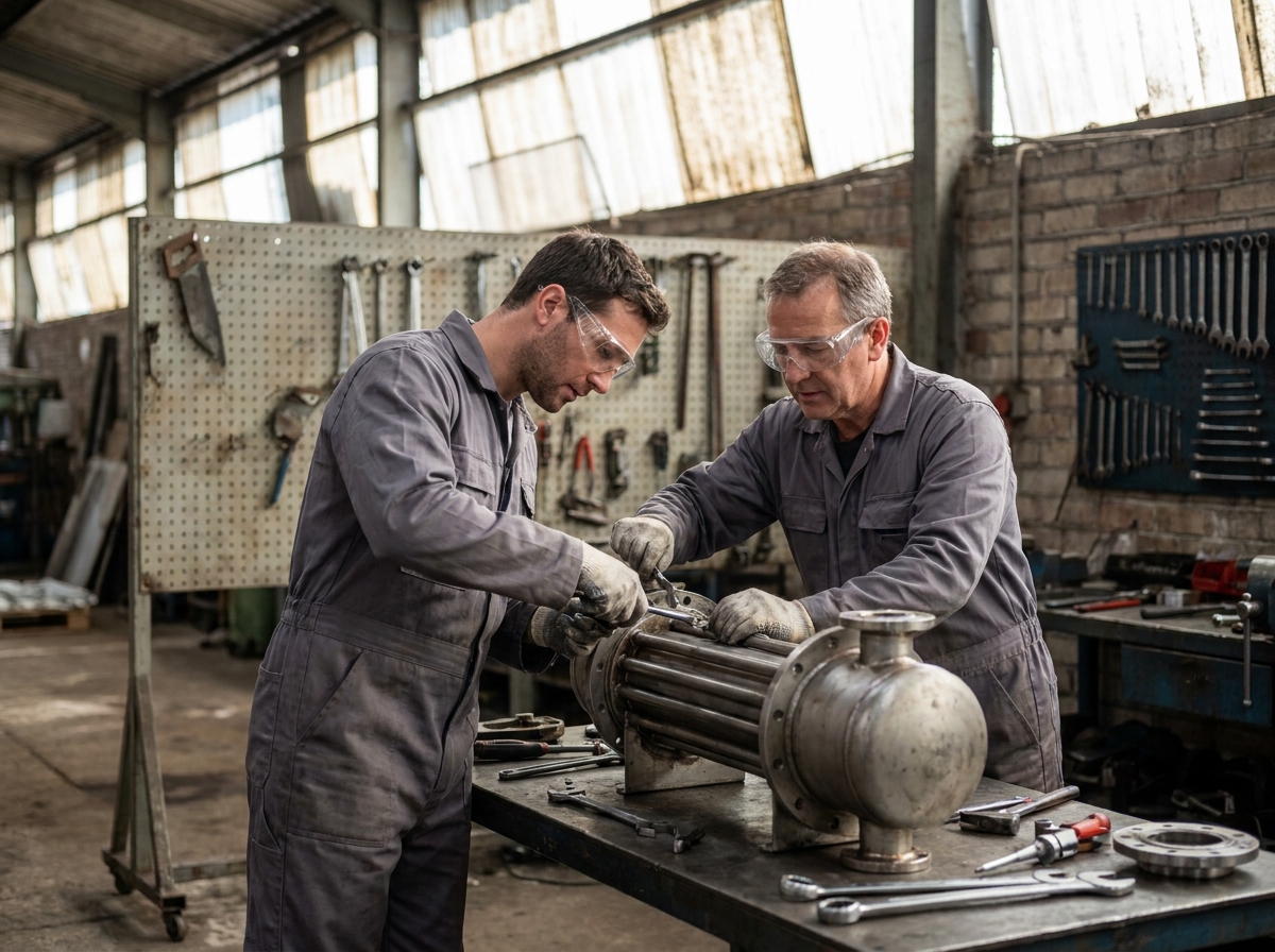 Deux techniciens réalisant l'entretien et le nettoyage d'un échangeur tubulaire en atelier industriel