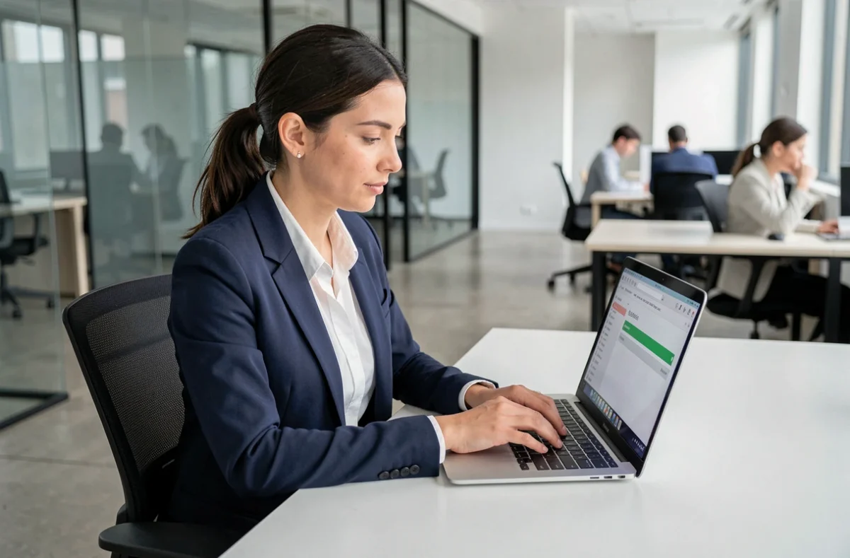 Femme professionnelle envoyant de gros fichiers en sécurité depuis son bureau via un service de transfert en ligne