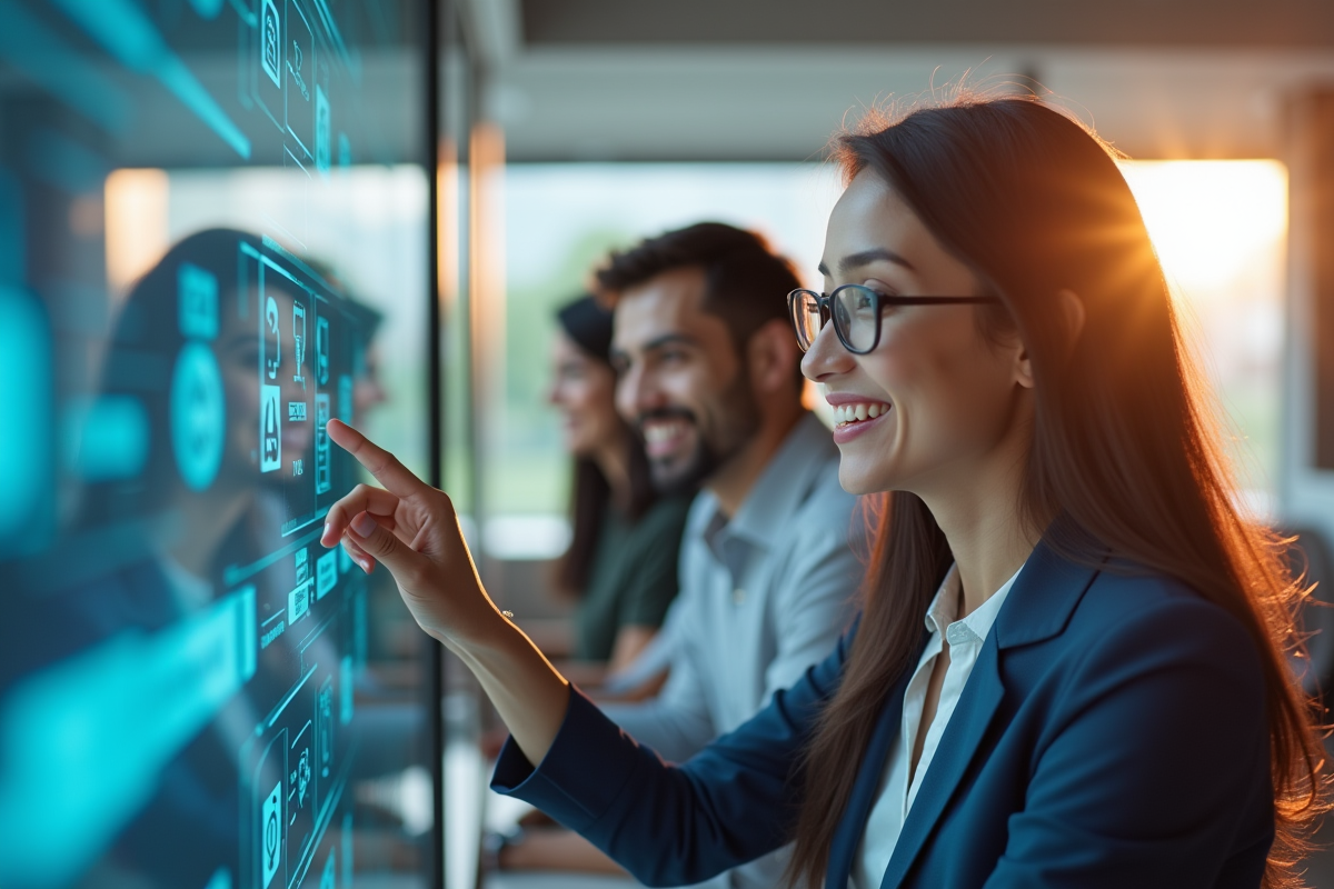 Groupe de professionnels souriants utilisant un chatbot dans un bureau lumineux