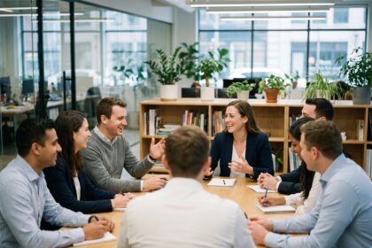 Groupe de professionnels en réunion dans un open space