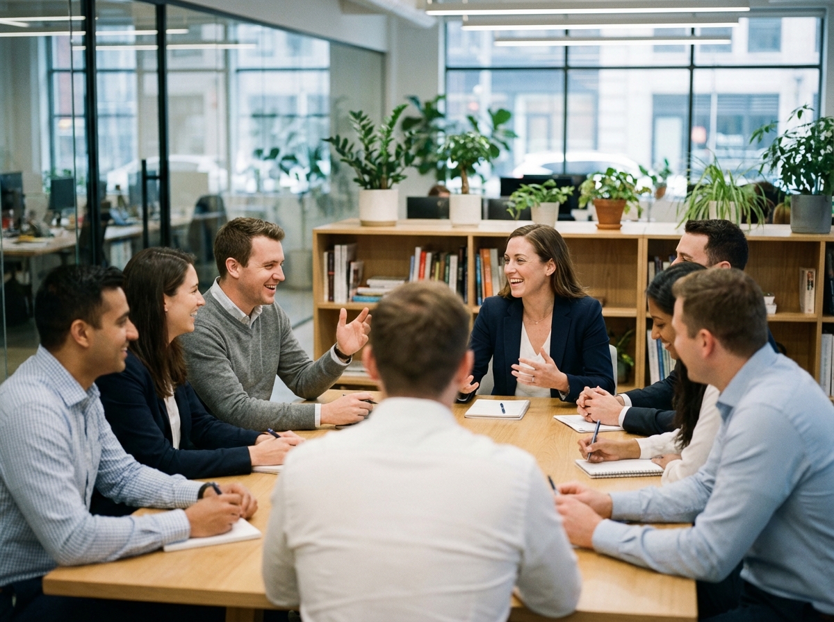 Groupe de professionnels en réunion dans un open space