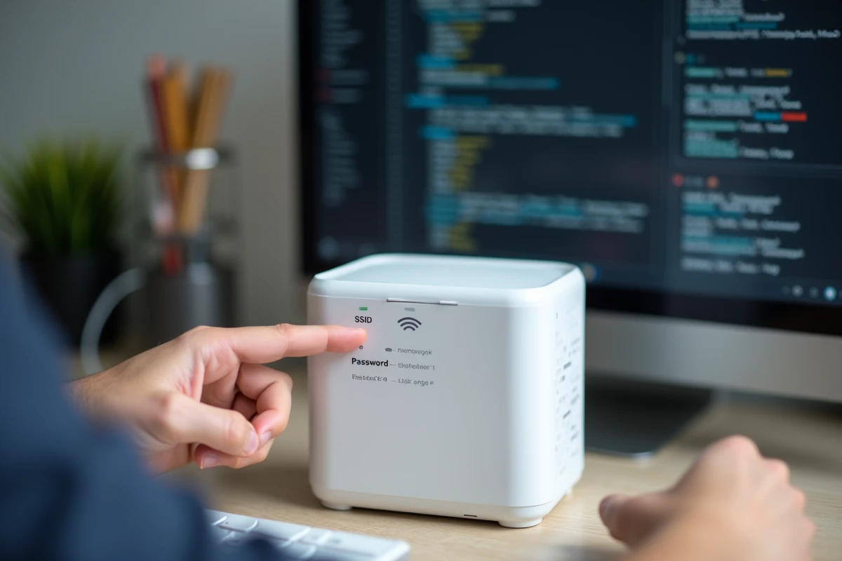 Gros plan sur l'étiquette d'une box opérateur montrant la clé de sécurité réseau Wi-Fi et le mot de passe