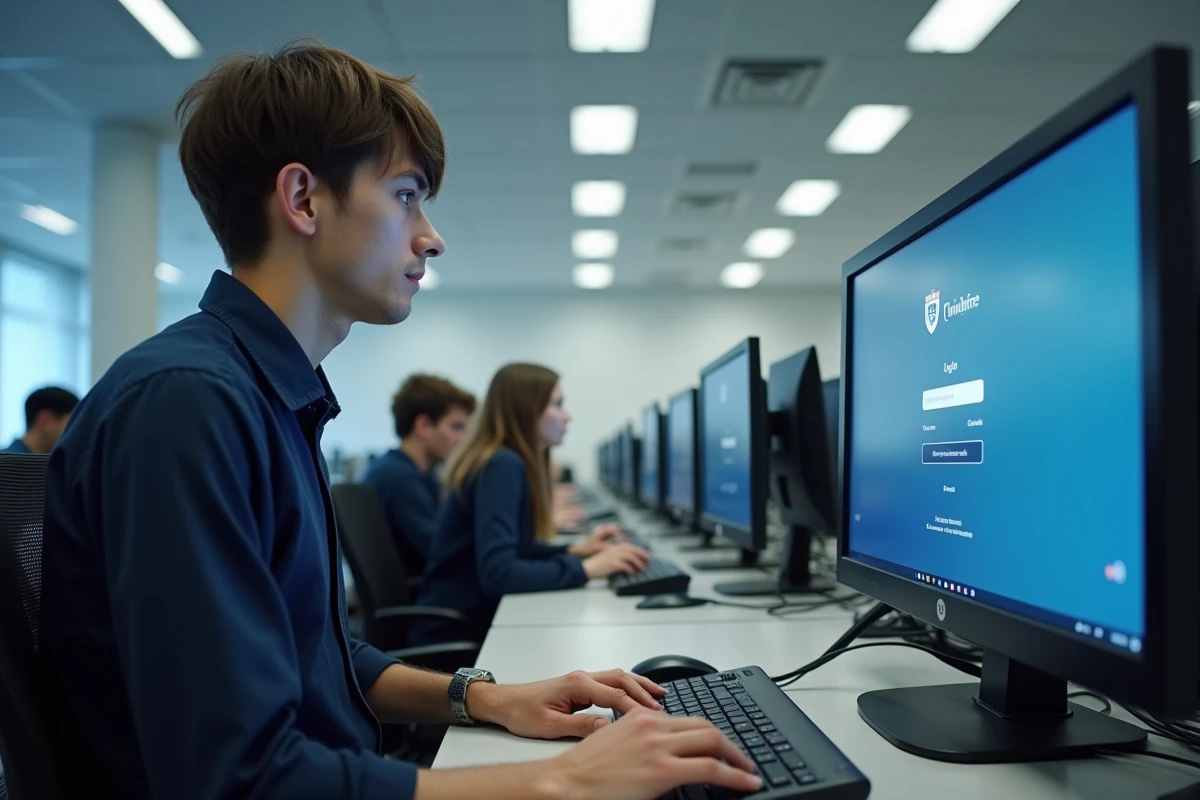 Étudiant masculin accédant à la page de récupération de mot de passe de l'intranet Lyon 3 dans une salle informatique universitaire