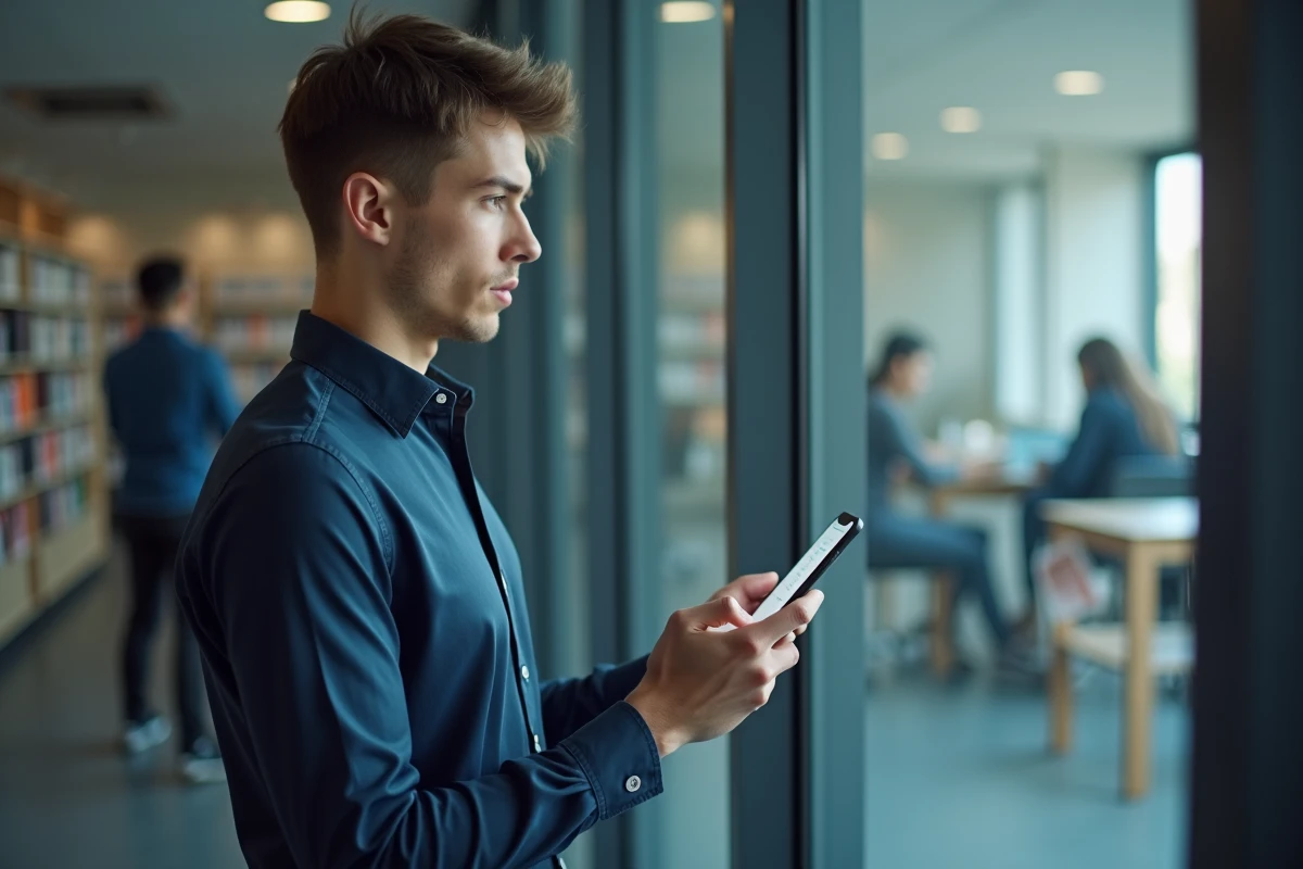 Étudiant consultant Zimbra sur smartphone dans une bibliothèque universitaire avant les partiels