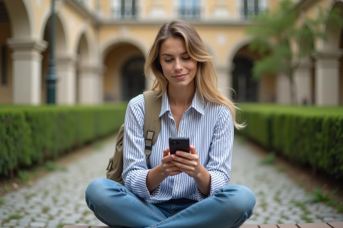 Étudiante configurant la messagerie de l'académie de Poitiers sur mobile en extérieur sur un campus universitaire