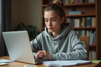 Étudiante utilisant Zimbra sur son ordinateur portable pour vérifier ses emails avant les examens
