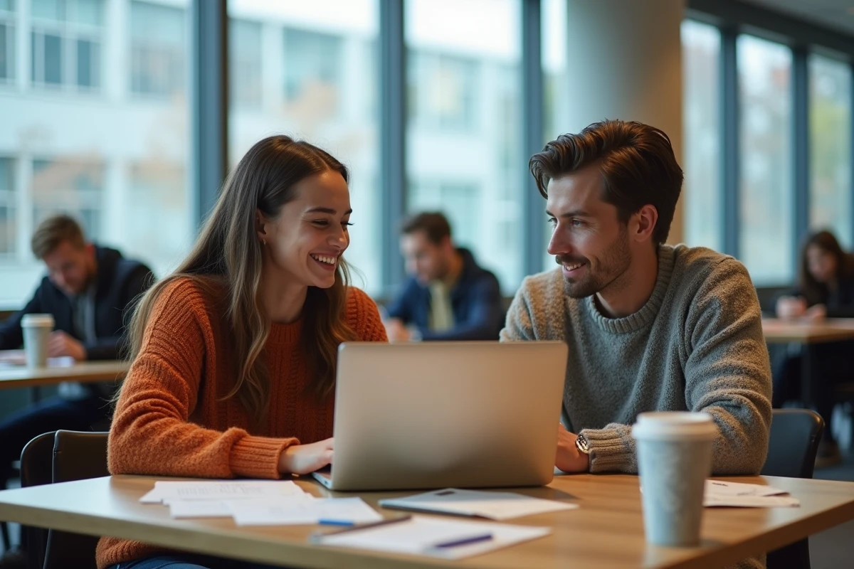 Deux étudiants révisant ensemble avec Zimbra ouvert sur un laptop en période d'examens