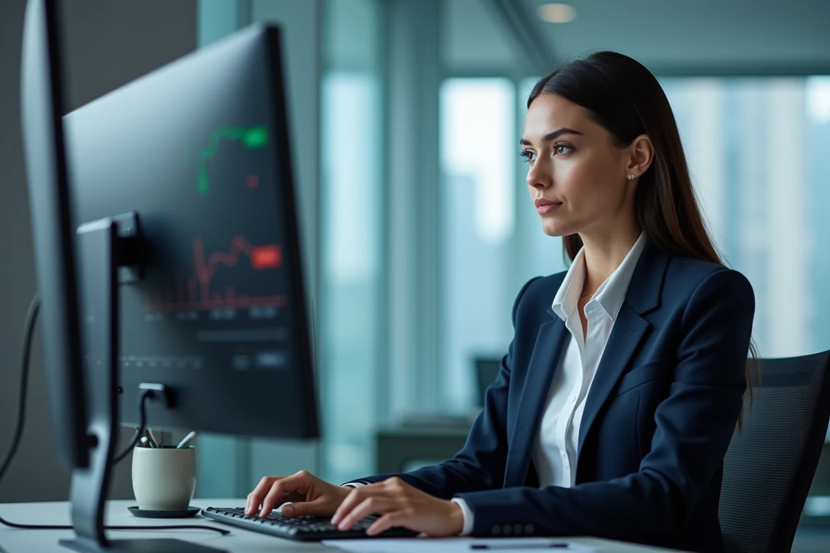 Femme d'affaires analysant un tableau de bord de sécurité informatique