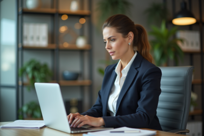 Femme d affaires en tenue professionnelle tapant sur un ordinateur