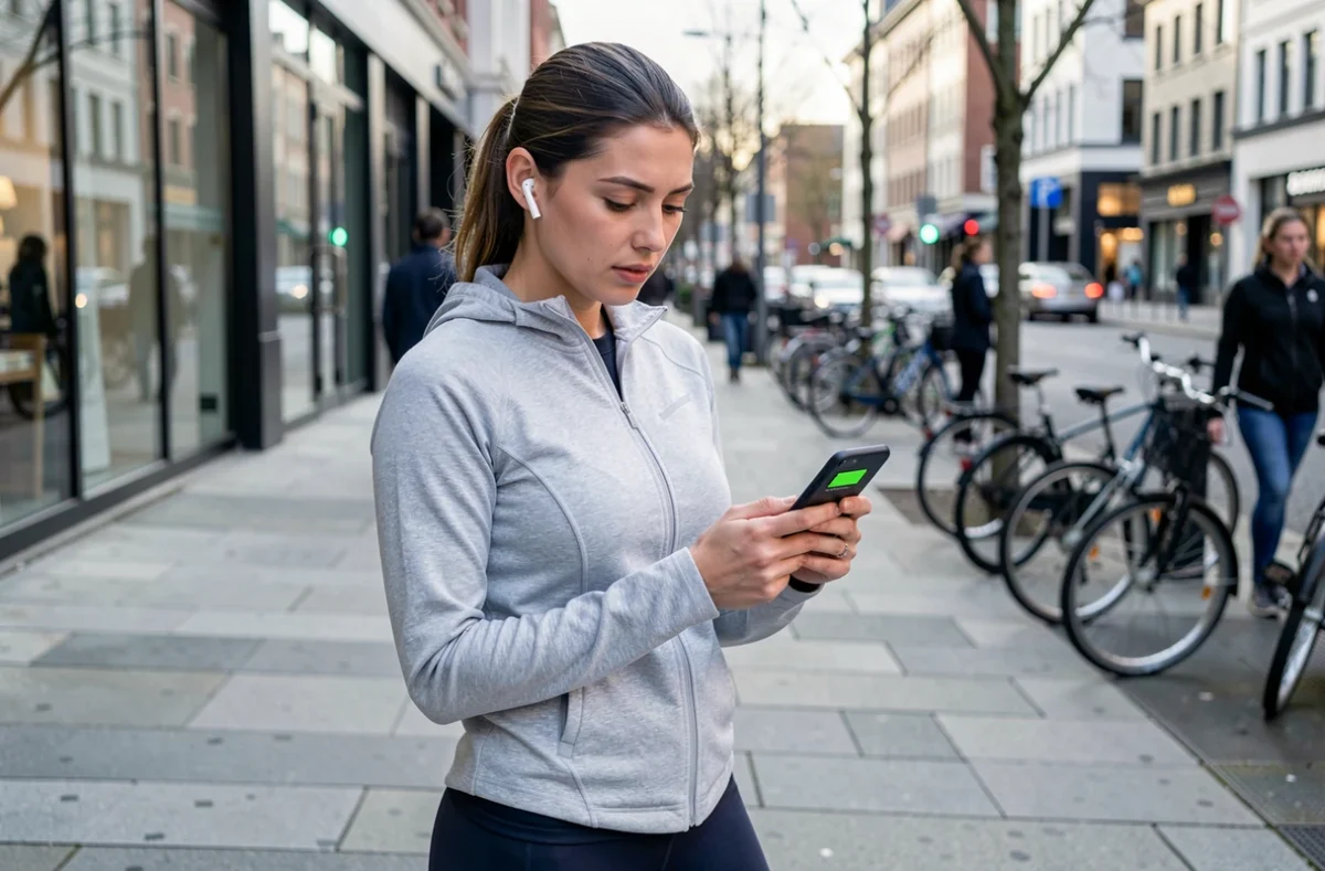 Femme consultant une alerte batterie faible sur son iPhone dans une rue urbaine animée
