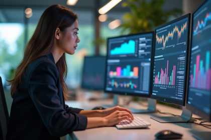 Jeune femme professionnelle analysant des données sur un écran