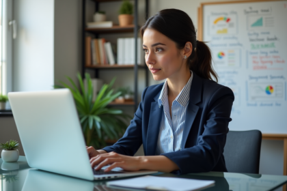 Jeune femme professionnelle analysant des données SEO sur son ordinateur